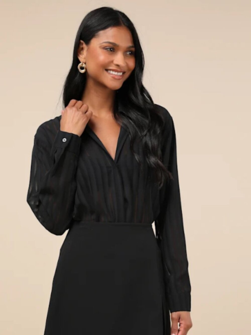 Elevated Intent Black Sheer Burnout Striped Collared Bodysuit